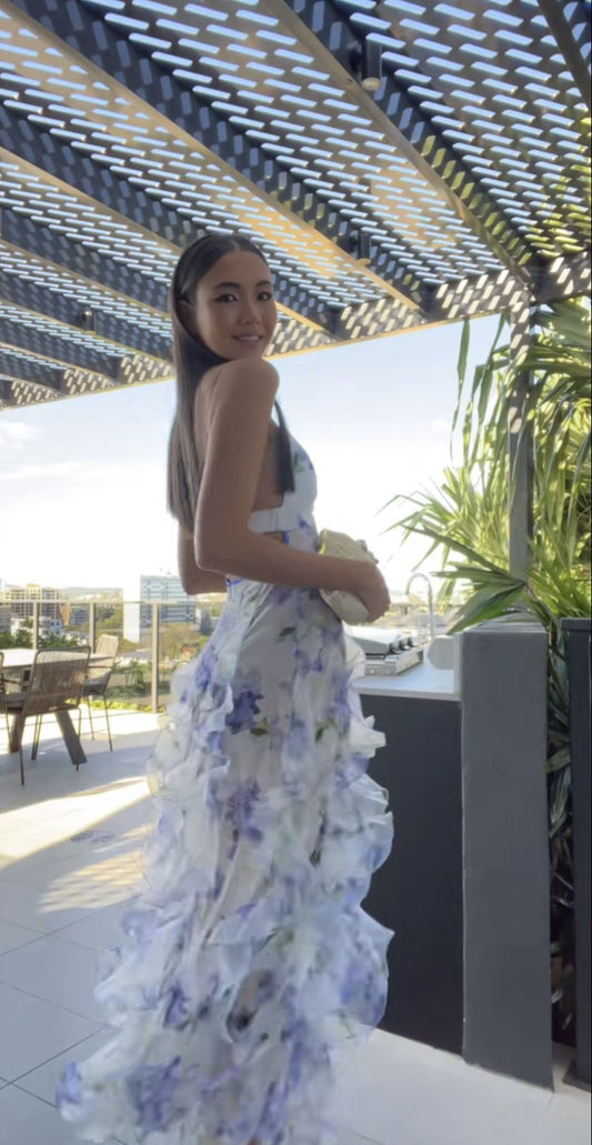 Mermaid Ruffle Floral Print Floor Length Prom Dresses AB923