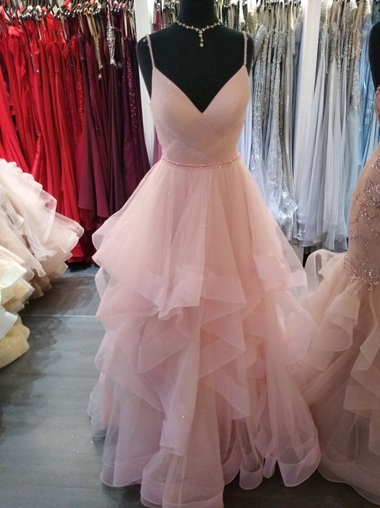 Romantic Light Pink Spaghetti Straps Ball Gown Tiered Ruffles Prom Dress Evening Dress AB938