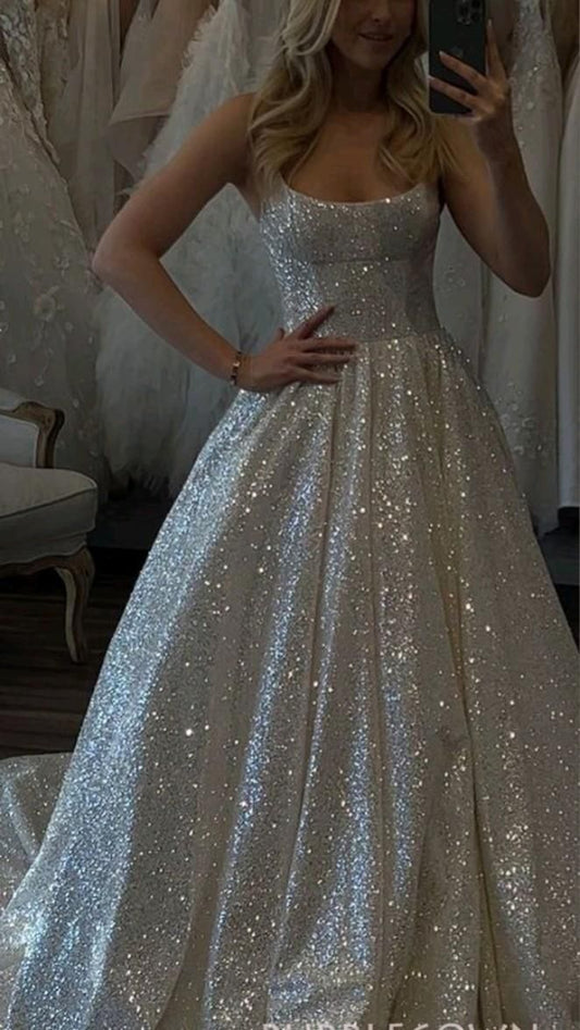 Shiny Wedding Dresses Boho Sweetheart Sequin Spaghetti Strap A-Line Birthday Gowns AB930