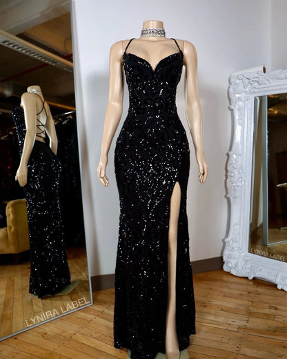 Schwarze lange Ballkleider für schwarze Mädchen, geschlitzt, mit Spitze, glitzernd, amerikanisch-afrikanisch, Abendkleider N797