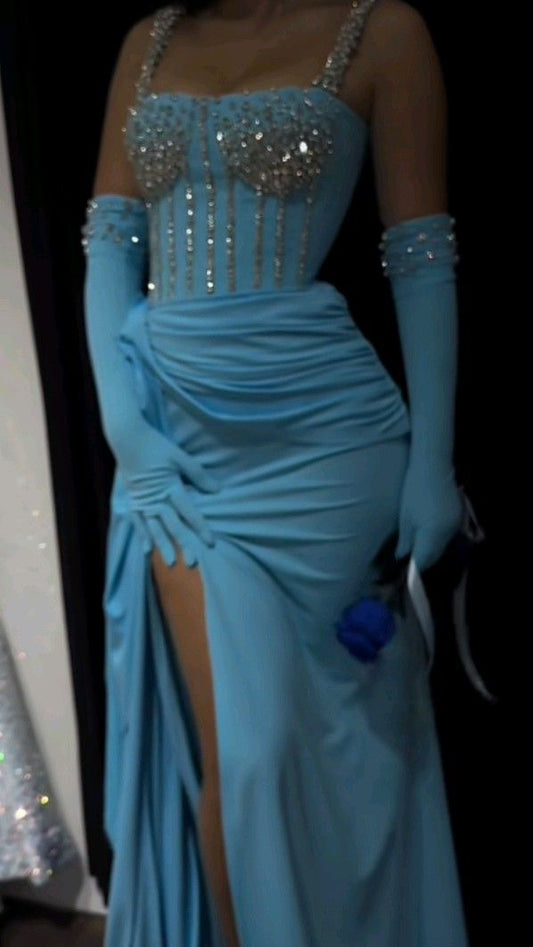 Sexy Mermaid Strapless With Straps Blue With Beading Gloves Prom Dresses For Teens Formal Dress Party Outfits RB3018