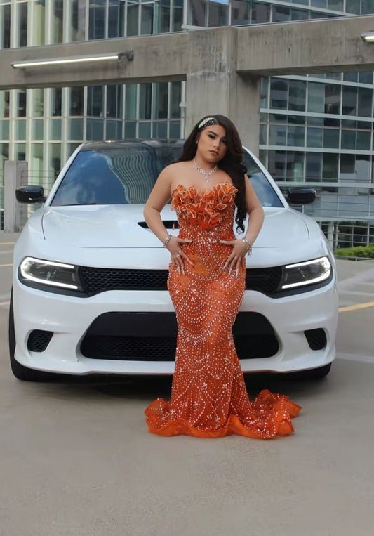 Elegant Mermaid Sweetheart Orange Sequin With Beadings Long Formal Prom Evening Dress Dinner Outfits Party Gowns AB2083