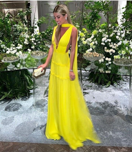 Modest A Line Spaghetti Straps Yellow Tulle Prom Dresses Long Prom Gowns AB225