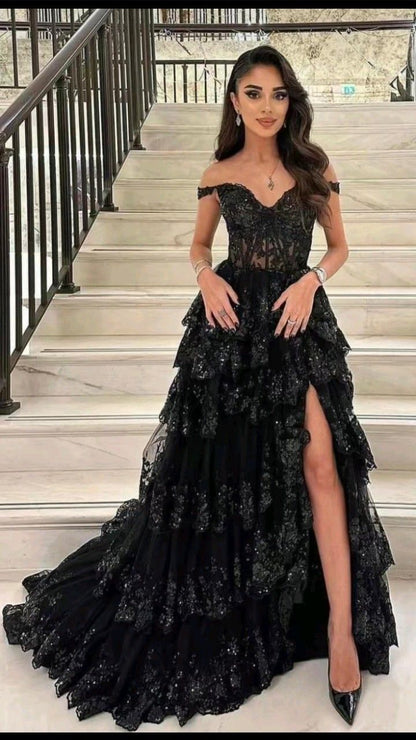 Sexy Ballkleid mit schulterfreiem Ausschnitt, Spitze und Schlitz für schwarze Mädchen, Paillettenkleid, langes formelles Abendkleid N790