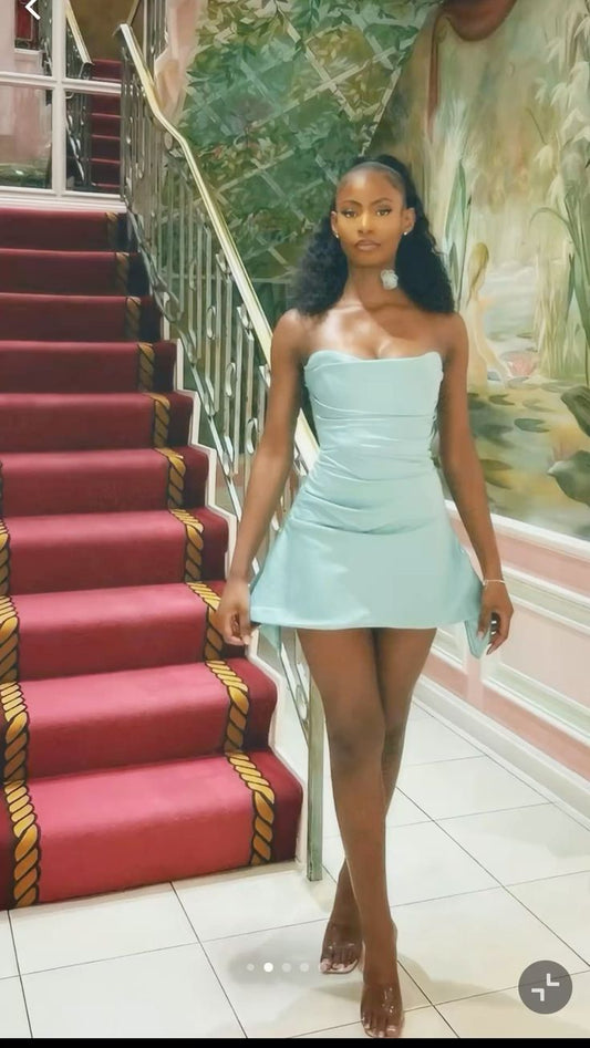 Classy A line Strapless Blue Satin Black Girls For Teens Women Party Short Mini 18th Birthday Dresses Hoco Outfit RB3761