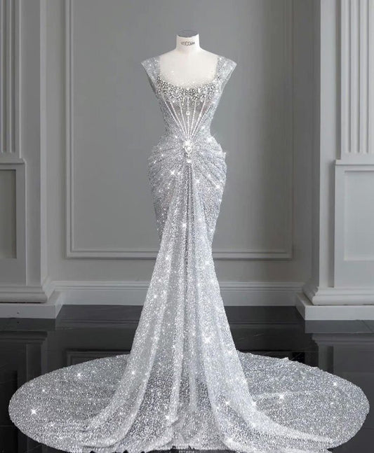 Timeless Wedding Dresses Mermaid Strapless Sequins White Pleated Brides Dress Style For Brides With Pleated Fitted Long Bridal Gowns AB1961