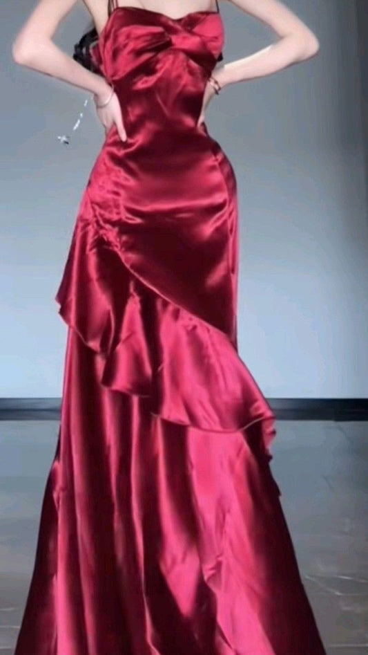 Simple Mermaid Spaghetti Straps Burgundy Satin Long Prom Dresses Inspiration Evening Gowns For Women Formal Party Dress AB1210