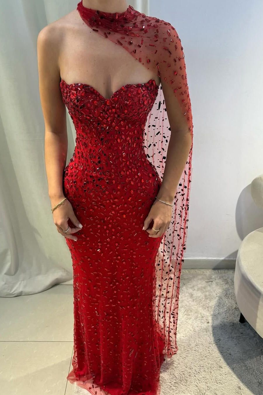 Gorgeous Red Sweetheart Mermaid Prom Dresses Sleeveless Strapless With Gem Party Gown AB330