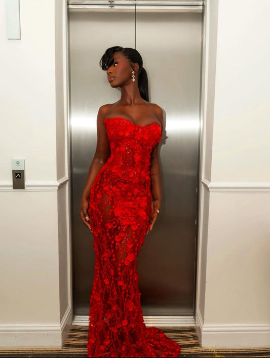 Gorgeous Red Sweetheart Mermaid Prom Dresses Sleeveless Strapless With Lace Party Gown AB331