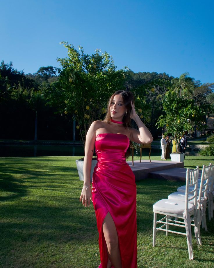Robe de bal sirène modeste sans bretelles en satin rose fuchsia fendue, longue et sans manches, AB339
