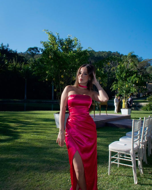 Robe de bal sirène modeste sans bretelles en satin rose fuchsia fendue, longue et sans manches, AB339