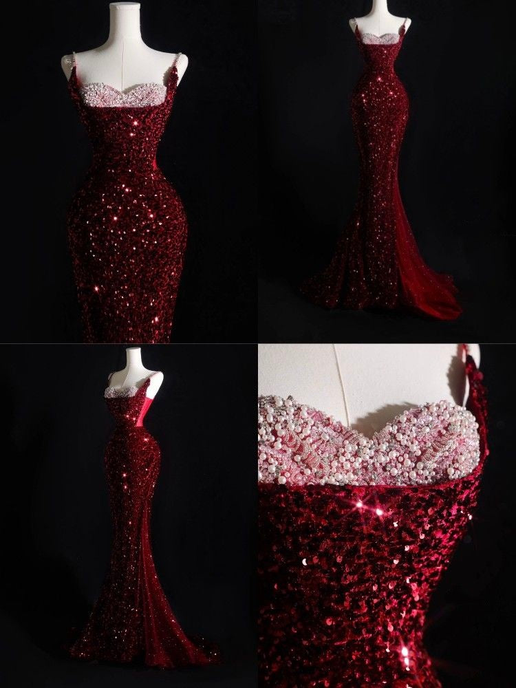 Robe de soirée longue bordeaux à fines bretelles et sequins, style sirène, ornée de paillettes et de sequins, idéale pour un bal de promo ou un dîner chic (AB2047)