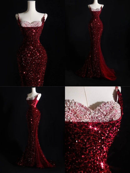 Robe de soirée longue bordeaux à fines bretelles et sequins, style sirène, ornée de paillettes et de sequins, idéale pour un bal de promo ou un dîner chic (AB2047)