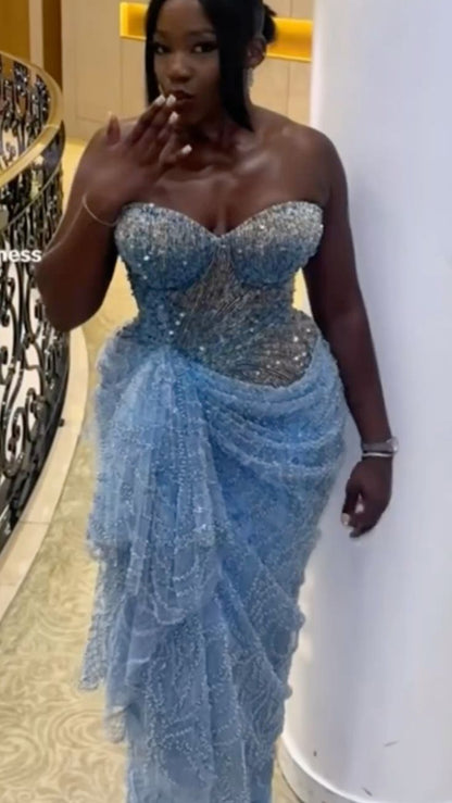 Sparkly Sweethart Blue Plus Size Long Party Dress Prom Dresses With Ruffles Mermaid Bodycon For Women N4090