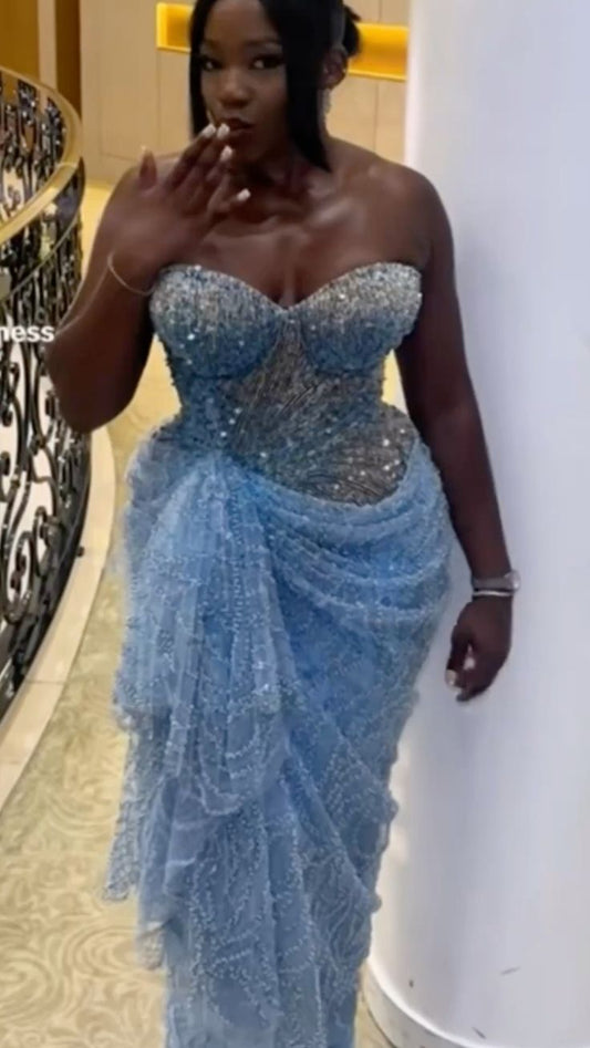Sparkly Sweethart Blue Plus Size Long Party Dress Prom Dresses With Ruffles Mermaid Bodycon For Women N4090