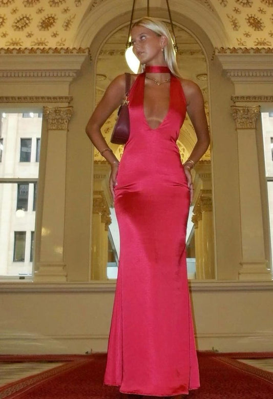 Robe de bal longue en satin rose fuchsia, style sirène, dos nu, N458