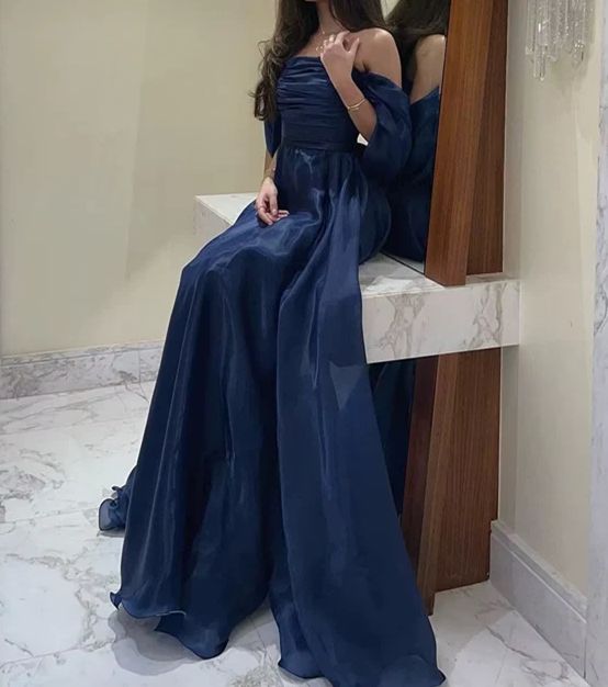 Modest Navy Blue Organza A-line Evening Prom Dresses Long Formal Party Gowns AB696