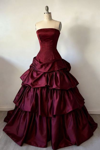 Gorgeous A-Line Burgundy Prom Dress Satin Strapless Long Evening Dress Sleeveless Occasion Dress N1867