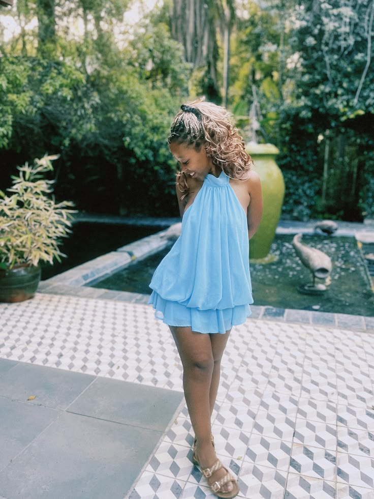 Sexy Homecoming Outfit Ideas A Line High Neck Sleeveless Blue Chiffon For Teens High School Ideas Inspo Senior Party Graduation Dresses RB7309
