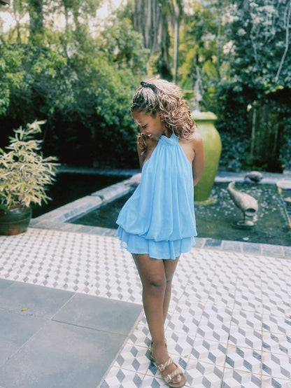 Sexy Homecoming Outfit Ideas A Line High Neck Sleeveless Blue Chiffon For Teens High School Ideas Inspo Senior Party Graduation Dresses RB7309
