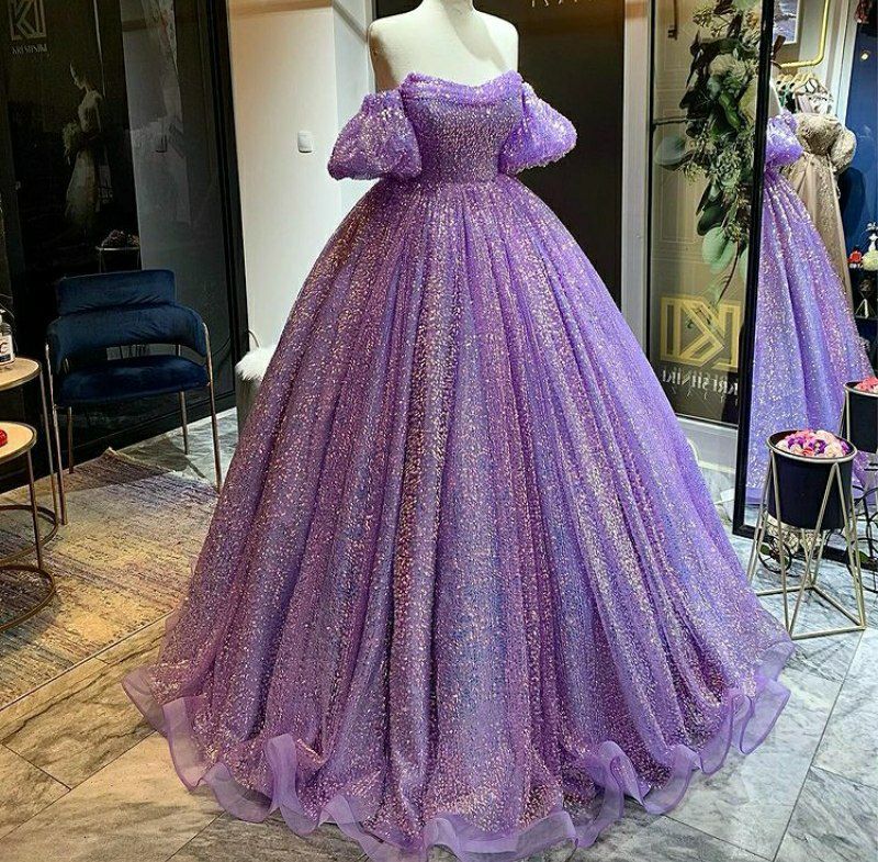 Glitzerndes Ballkleid, schulterfrei, lila, Pailletten, luxuriöses Geburtstagskleid für Quinceañeras, Sweet 15 und 16, AB1962