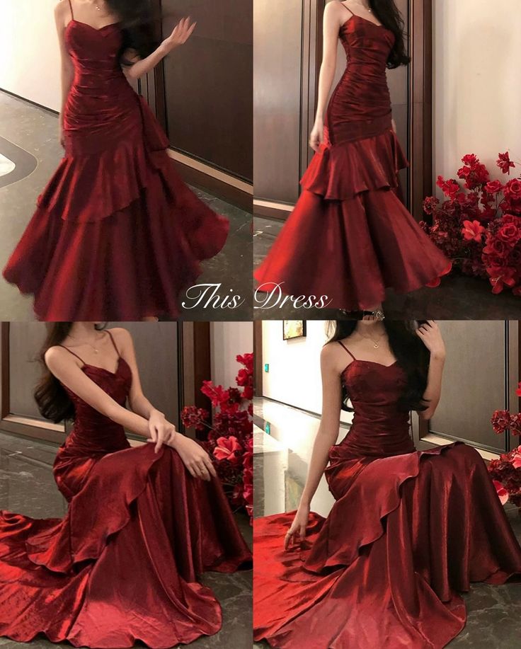 Wunderschönes, burgunderrotes Meerjungfrauen-Abendkleid mit Spaghettiträgern, Rüschen und Faltenrock, Modell N708