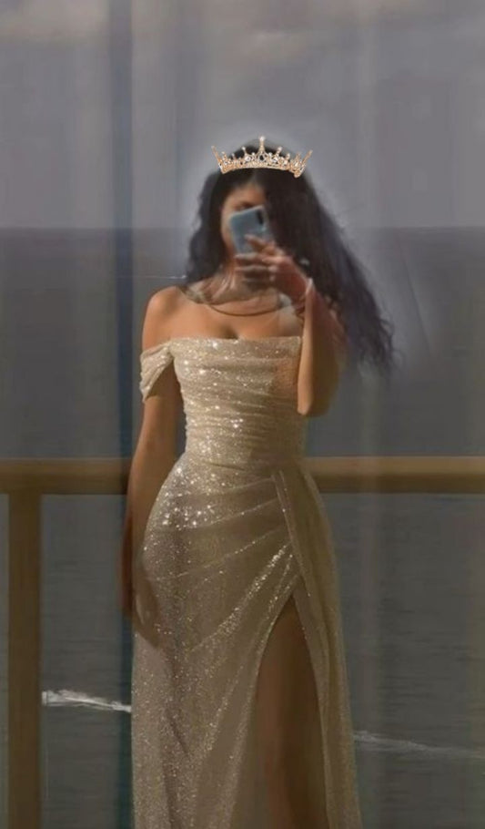 Robe de bal longue sirène beige à épaules dénudées et sequins, élégante robe de soirée fendue AB651