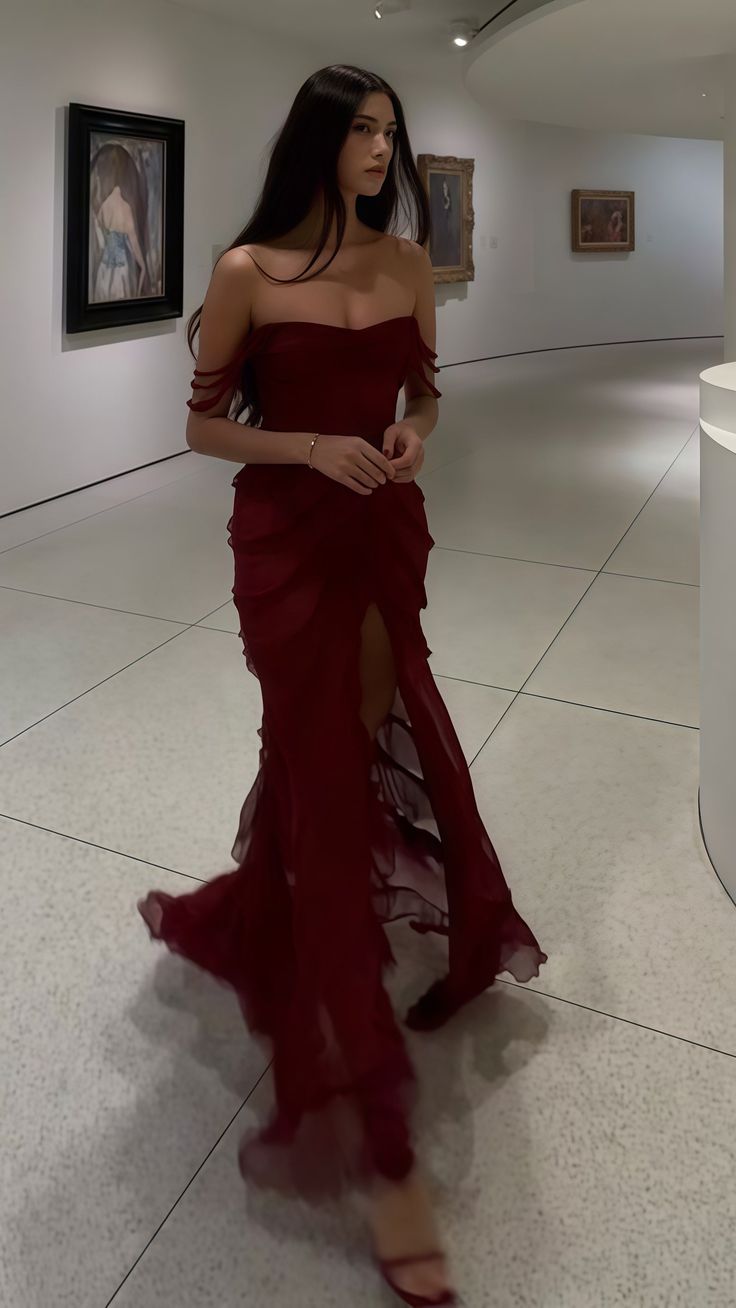Burgunderfarbenes Chiffon-Abendkleid für Ball und Party AB955