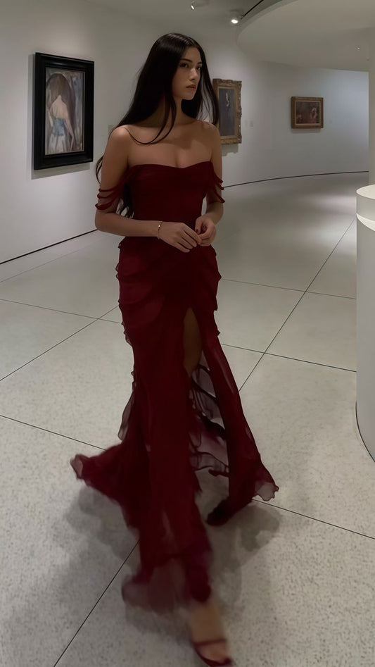 Robe de soirée en mousseline bordeaux, robe de bal AB955