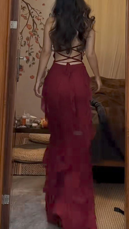 Robe de soirée sirène sexy en mousseline de soie à fines bretelles et sans manches AB953