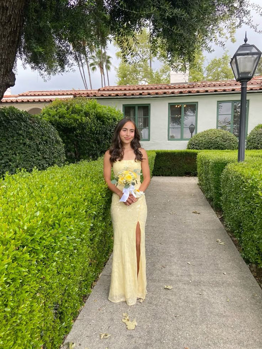 Mermaid Prom Dresses Side Split Spaghetti Straps Sexy Special Dress Lace Appliques Beaded yellow Party Gowns AB989