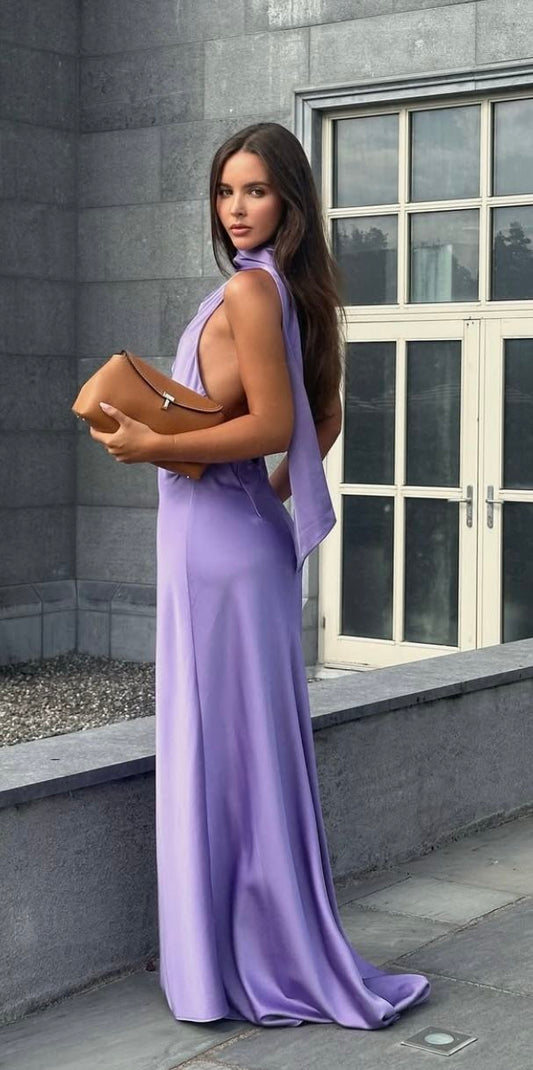 Robe de bal longue sirène chic, dos nu, en satin soyeux lilas, sans manches, N707