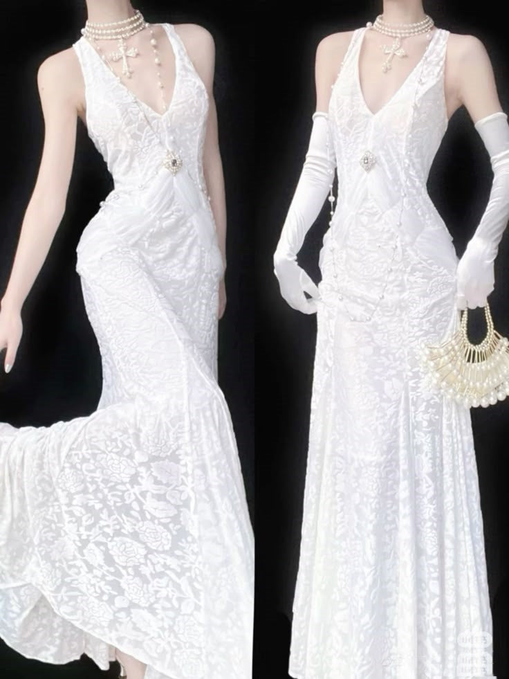 Robe de mariée longue blanche en dentelle, élégante, col en V, sans manches, avec gants, coupe sirène, AB1500