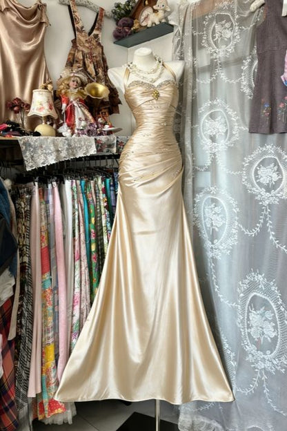 Vintage Neckholder Etuikleid, langes Ballkleid, perlenbesetzter Satin, blaues Abendkleid, ärmelloses Geburtstagskleid N1781