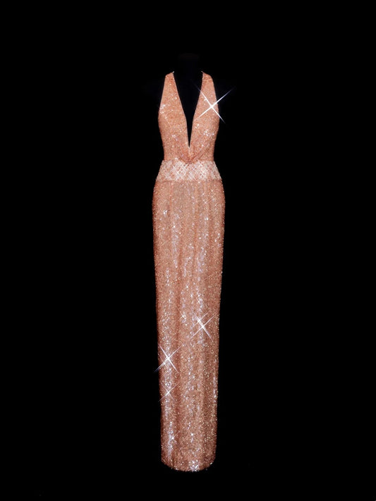Sparkly Prom Dresses Sheath V Neck Sequin With Beading Evening Long Formal Dress RB3256