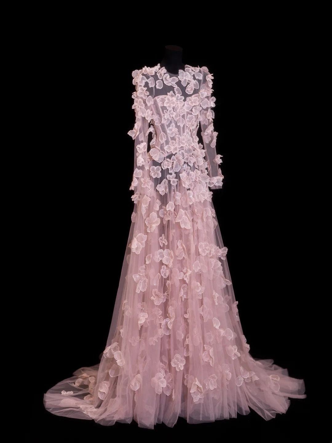 Robes de bal élégantes coupe trapèze col rond rose à manches longues fleurs tenues de soirée formelles N3790