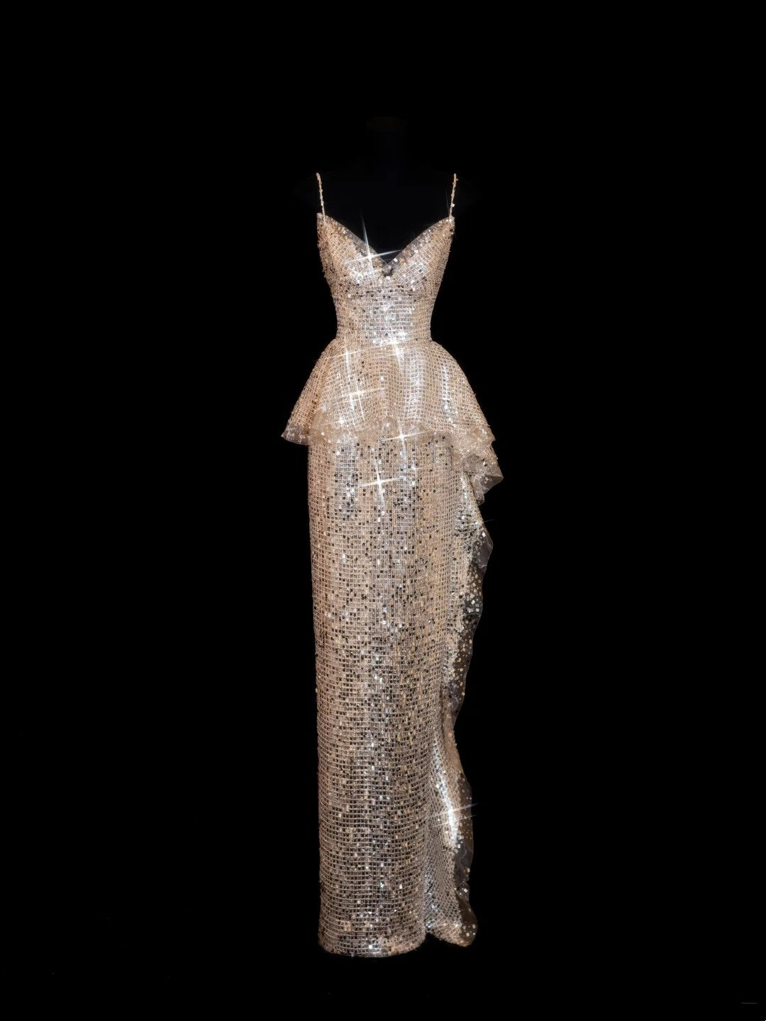 Funkelndes, champagnerfarbenes Pailletten-Meerjungfrauenkleid mit Spaghettiträgern – Inspiration für formelle Abendkleider und Ballkleider N144