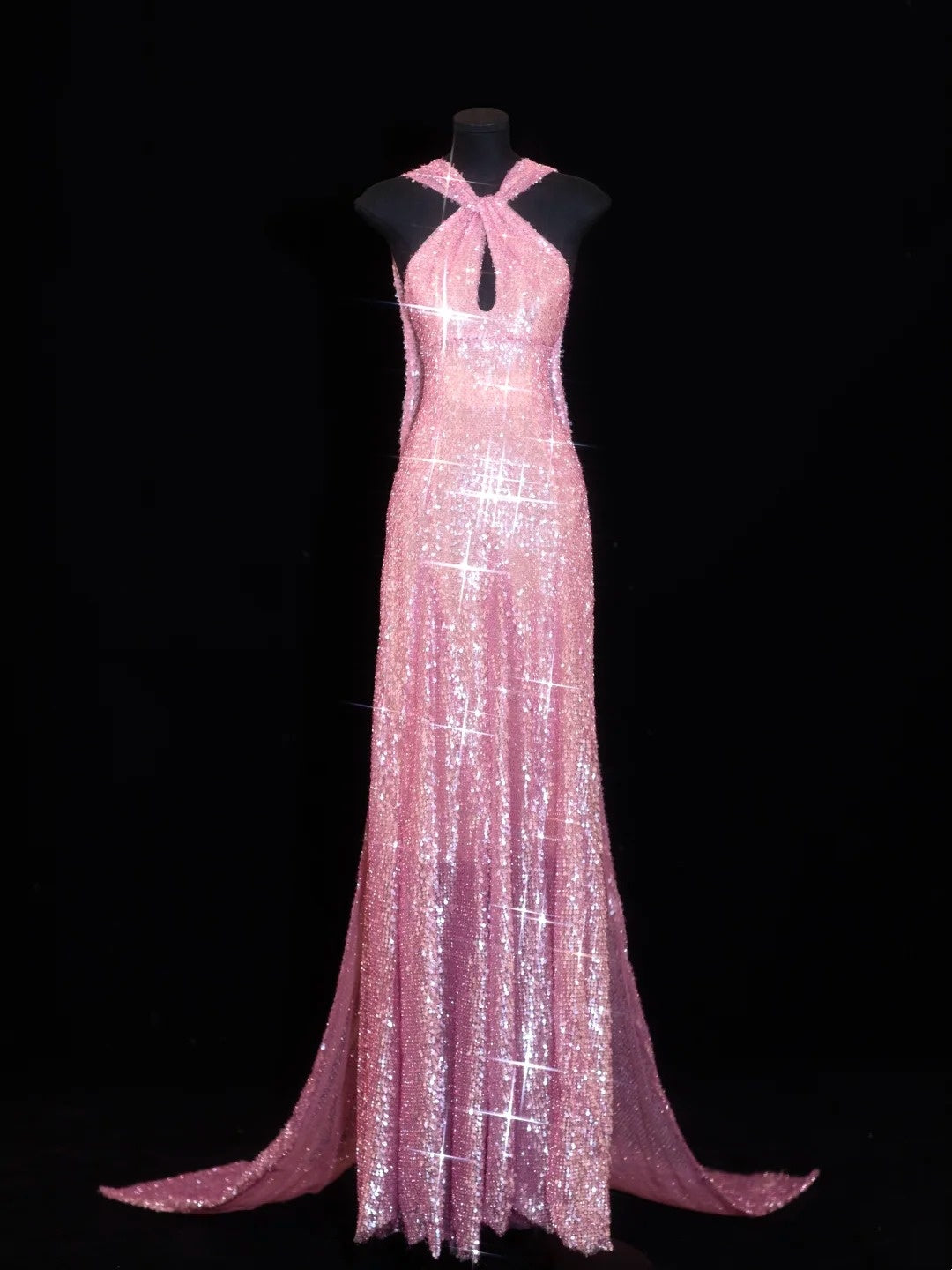 Robe de bal longue rose à paillettes, coupe trapèze, dos nu, inspiration robe de soirée formelle N147