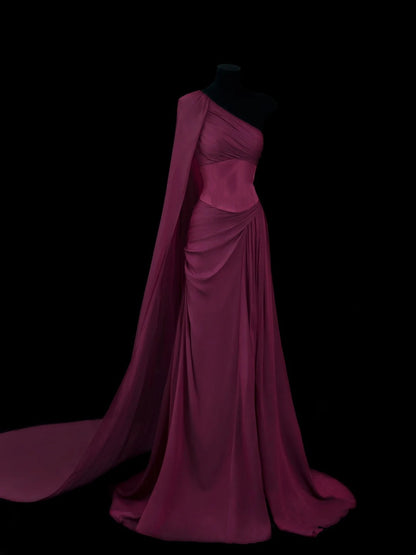 Chic Sheath One Shoulder Grape Chiffon Long Party Dresses Prom Dresses Impress Wedding Guest Dress N909