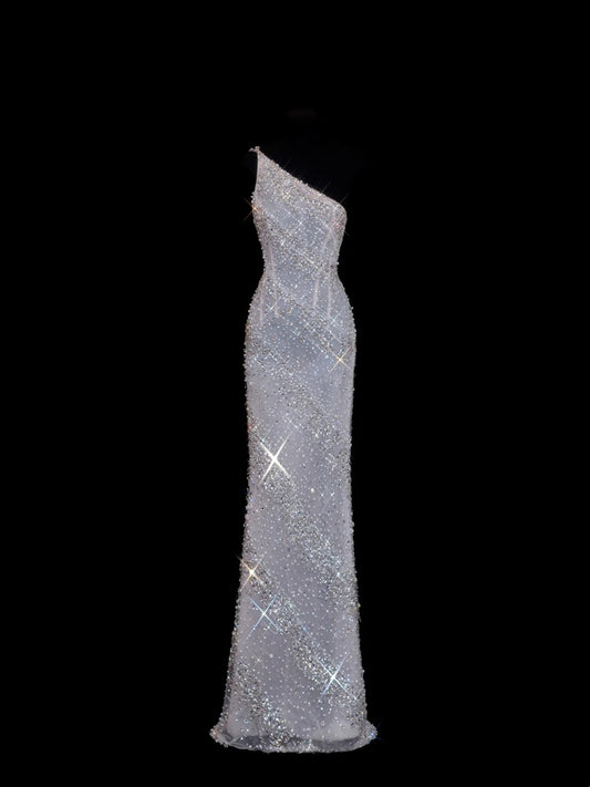 Sparkly Sequin Sheath One Shoulder White Sequined Long Prom Dresses Inspiration Evening Gowns Formal Party Prom Dress N146