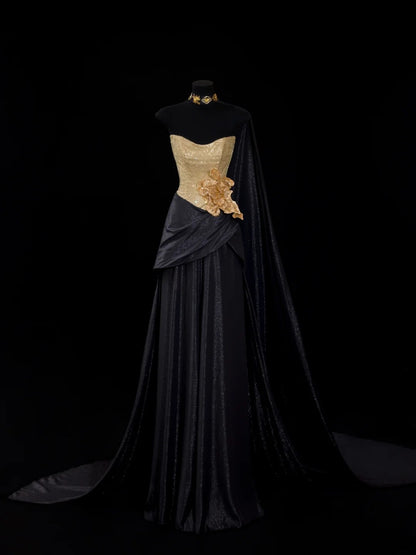 Robe de soirée longue trapèze noire vintage avec paillettes dorées, robes de bal, tenues d'anniversaire, robe de diplôme N2839