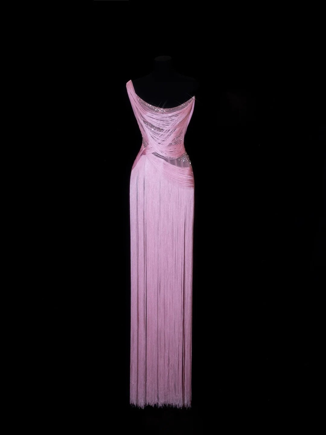 Elegante Abschlussballkleider Etui-Stil One-Shoulder Rosa mit Quasten Ärmellos Formelle Abendkleider N3788