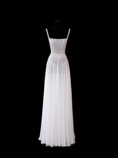 Sparkly A line Square Neck White Chiffon Evening Dress Long Prom Dresses Formal Outfits RB3933