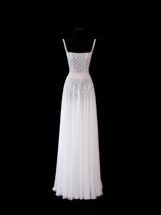 Sparkly A line Square Neck White Chiffon Evening Dress Long Prom Dresses Formal Outfits RB3933
