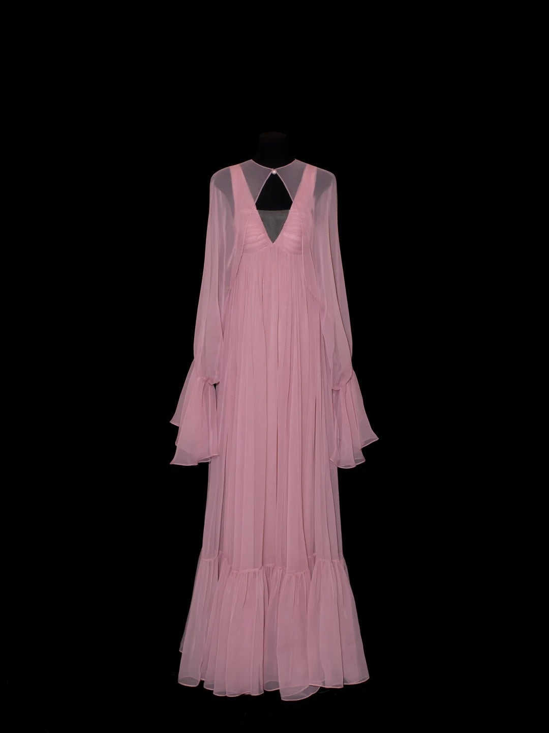 Robe de bal longue rose en mousseline plissée à volants, coupe trapèze, col V, style chic, inspiration robe de soirée formelle N148