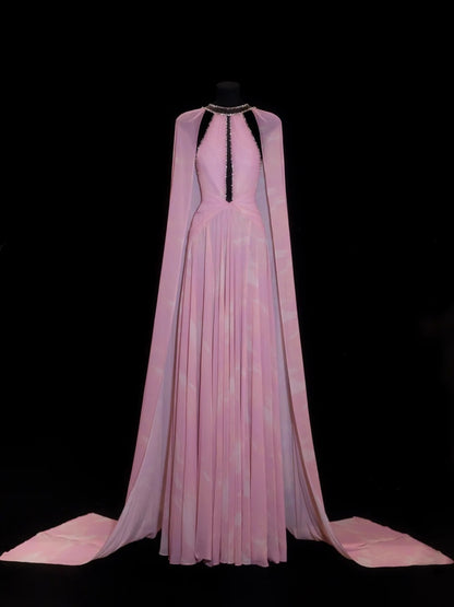 Élégante Robe de Bal Longue Formelle en Chiffon Rose Col Montant Coupe Trapèze Dos Nu pour 18ème Anniversaire N4179
