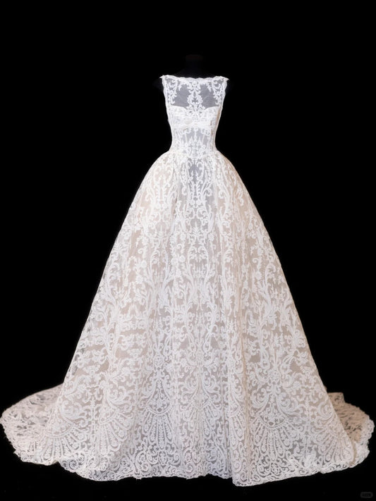 Robes de bal intemporelles en dentelle blanche avec voile de mariée en tulle, robes de mariée de jardin RB4322