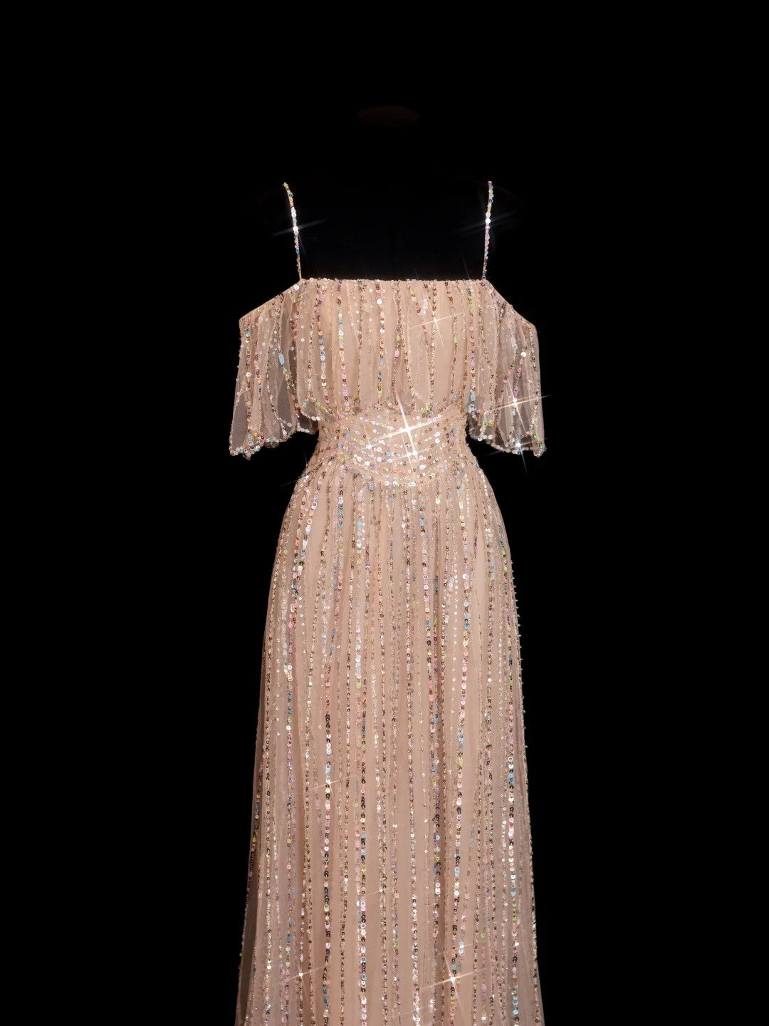 Robe de bal longue champagne à paillettes scintillantes, coupe trapèze, bretelles spaghetti, inspiration robe de soirée formelle N145