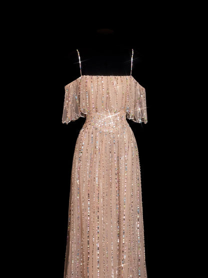Robe de bal longue champagne à paillettes scintillantes, coupe trapèze, bretelles spaghetti, inspiration robe de soirée formelle N145
