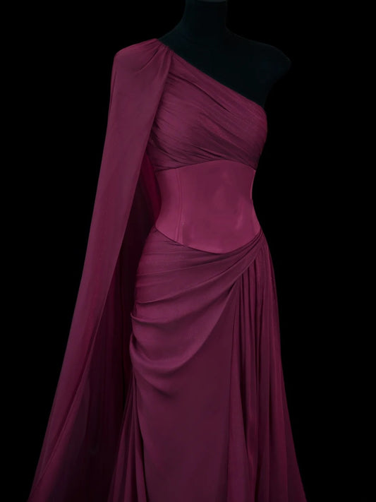 Chic Sheath One Shoulder Grape Chiffon Long Party Dresses Prom Dresses Impress Wedding Guest Dress N909